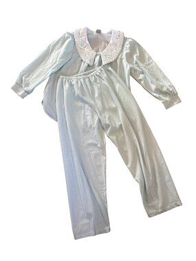 Bellina Pajama Set Womens Med Striped Embroidered Collar Mint Green Flannel Feel